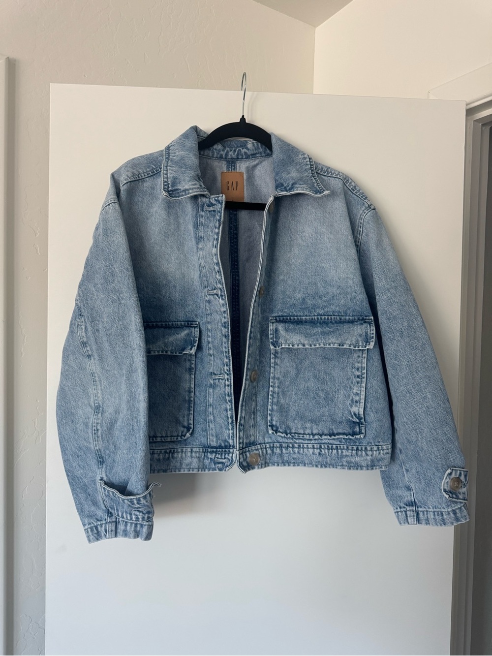 GAP Light Blue Denim Jacket with Leather Logo Patch